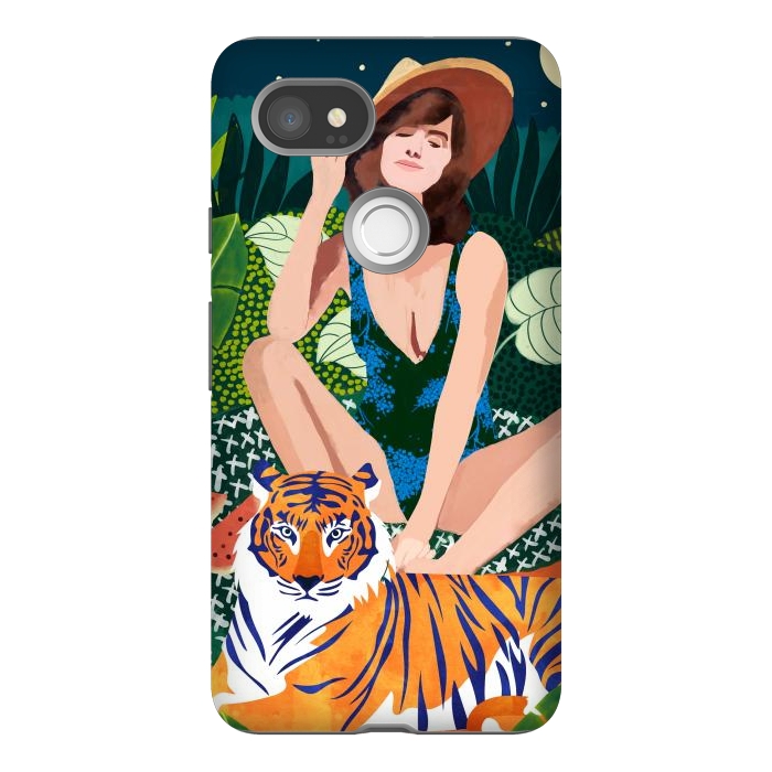 Pixel 2XL StrongFit Living In The Jungle, Tiger Tropical Picnic Illustration, Forest Woman Bohemian Travel Camp Wild by Uma Prabhakar Gokhale