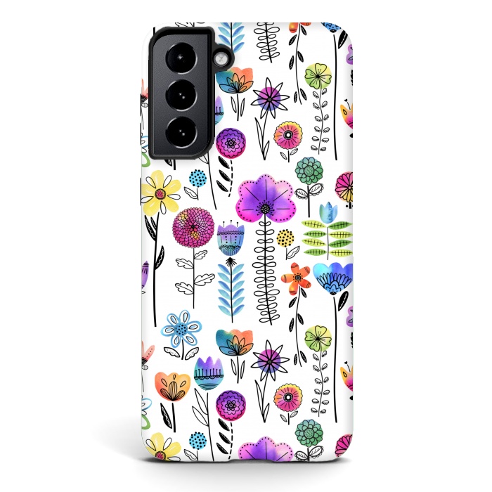 Galaxy S21 plus StrongFit Bright Watercolor and Line Art Flowers by Noonday Design