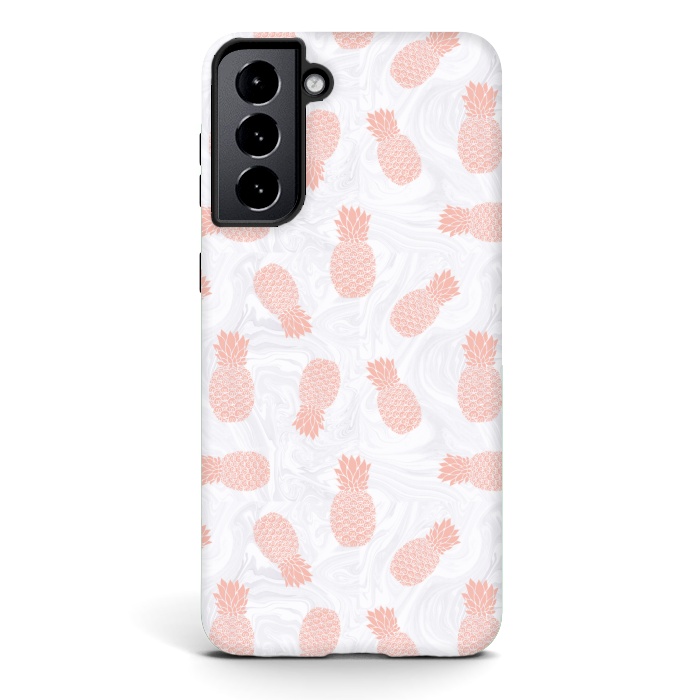 Galaxy S21 StrongFit Pink Pineapples on White Marble by Julie Erin Designs