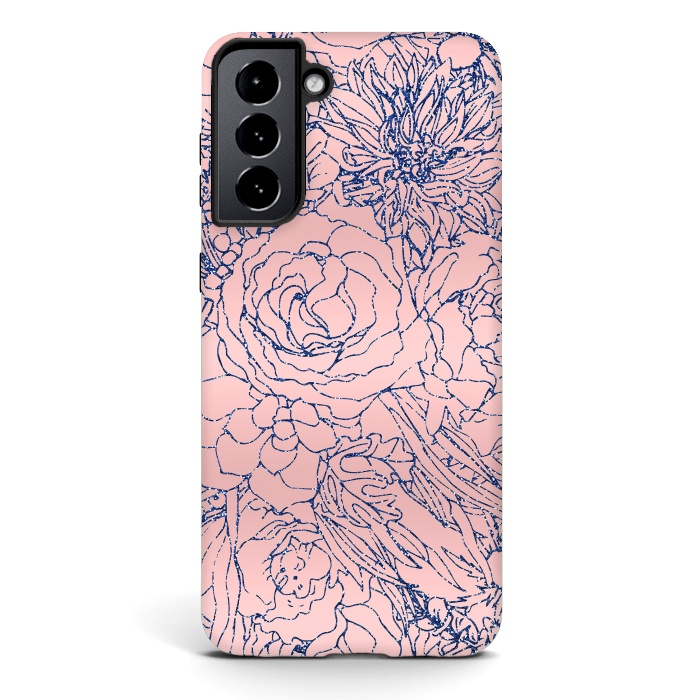 Galaxy S21 StrongFit Stylish Metallic Navy Blue and Pink Floral Design by InovArts