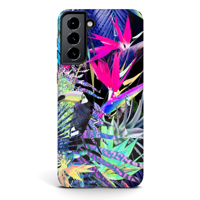 Galaxy S21 StrongFit Colorful neon toucan and strelitzia jungle pattern by Oana 
