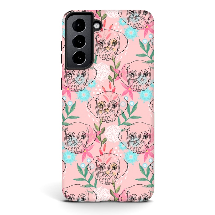 Galaxy S21 StrongFit Cute Puppy Dog and Flowers Pink Creative Art by InovArts
