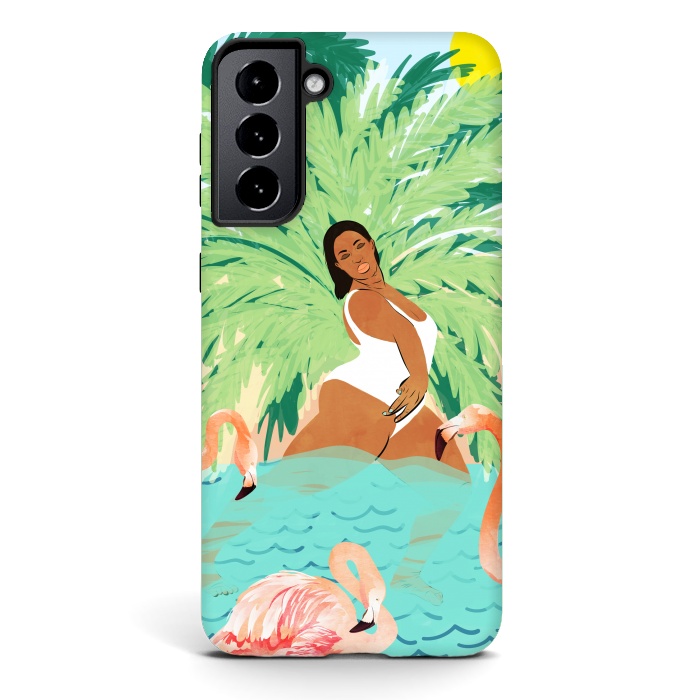 Galaxy S21 StrongFit Tropical Summer Water Yoga with Palm & Flamingos | Woman of Color Black Woman Body Positivity by Uma Prabhakar Gokhale