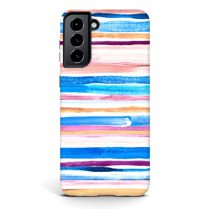 Galaxy S21 plus StrongFit Pastel Pink, Plum and Cobalt Blue Gouache Stripes by Micklyn Le Feuvre