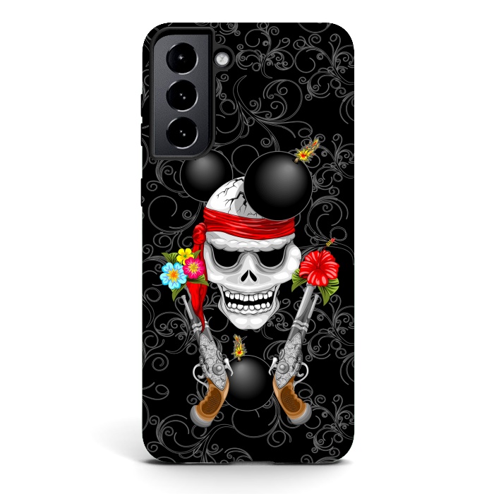 Galaxy S21 StrongFit Pirate Skull, Ancient Guns, Flowers and Cannonballs by BluedarkArt