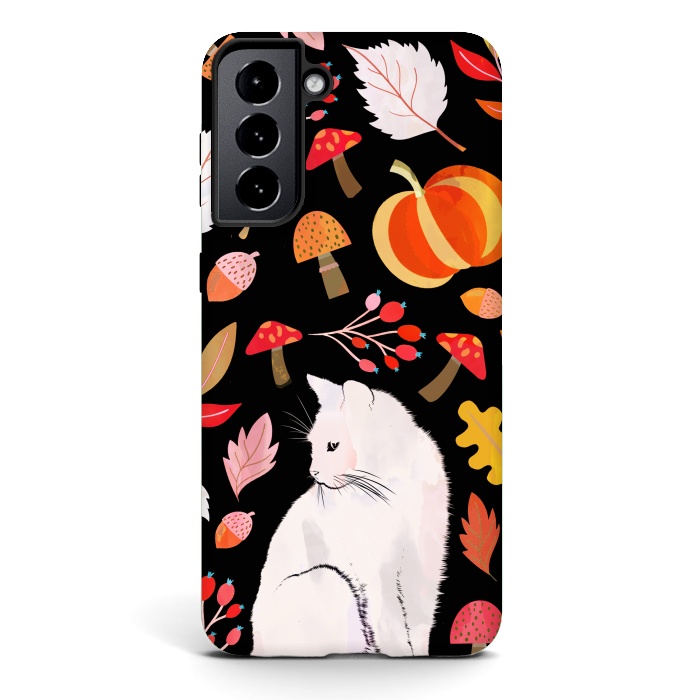 Galaxy S21 plus StrongFit Autumn nature pattern with white cat by Oana 