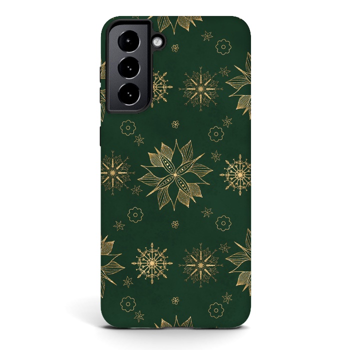 Galaxy S21 StrongFit Elegant Gold Green Poinsettias Snowflakes Winter Design by InovArts