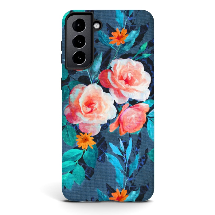 Galaxy S21 StrongFit Retro Rose Chintz in Radiant Coral on Blue by Micklyn Le Feuvre