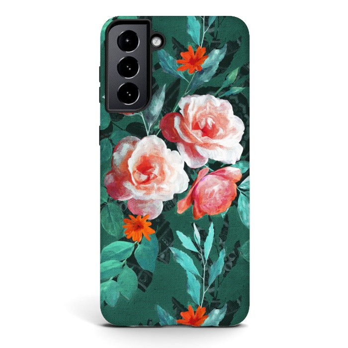 Galaxy S21 StrongFit Retro Rose Chintz in Melon Pink on Dark Emerald Green by Micklyn Le Feuvre