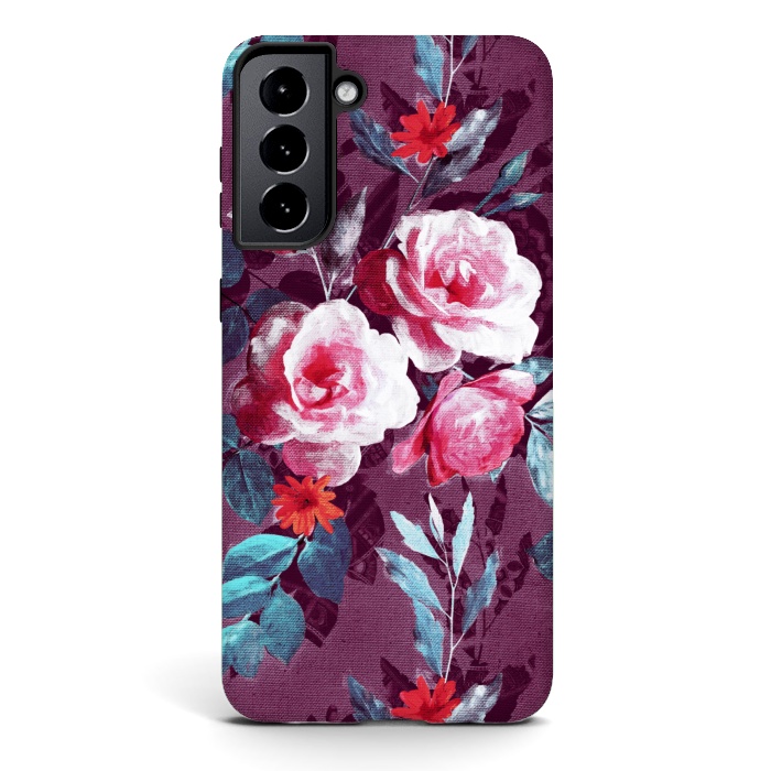 Galaxy S21 StrongFit Retro Rose Chintz in Magenta and Plum by Micklyn Le Feuvre