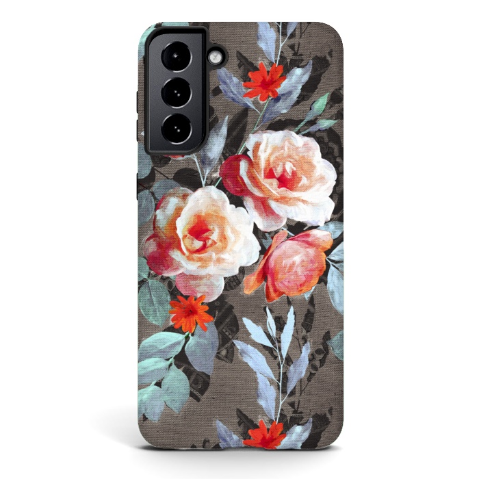 Galaxy S21 StrongFit Retro Rose Chintz in Scarlet, Peach, Sage and Grey by Micklyn Le Feuvre