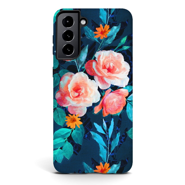 Galaxy S21 StrongFit Retro Rose Chintz in Bright Coral and Peach on Indigo Blue by Micklyn Le Feuvre
