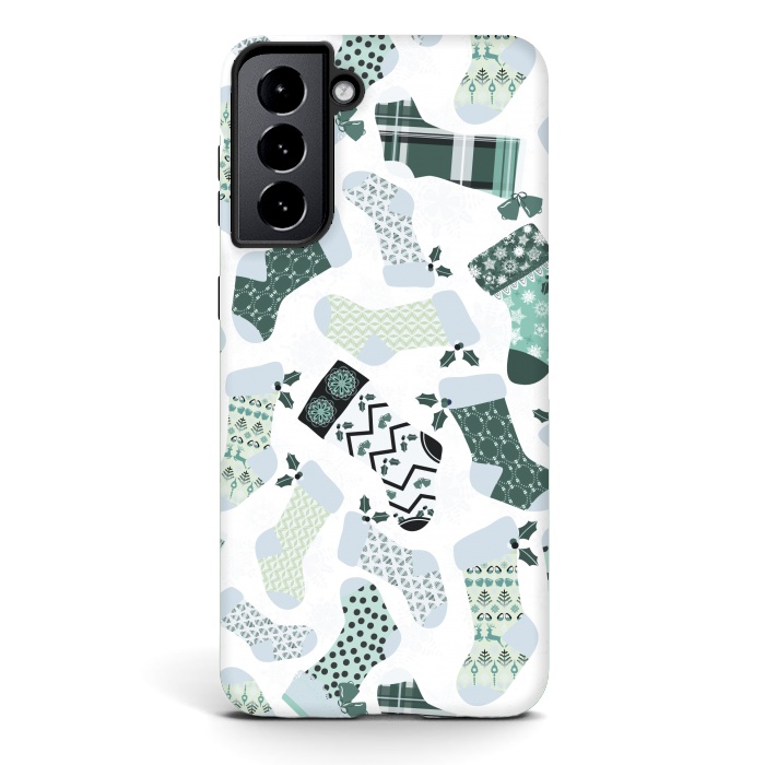 Galaxy S21 plus StrongFit Christmas Stockings in Green and White by Paula Ohreen