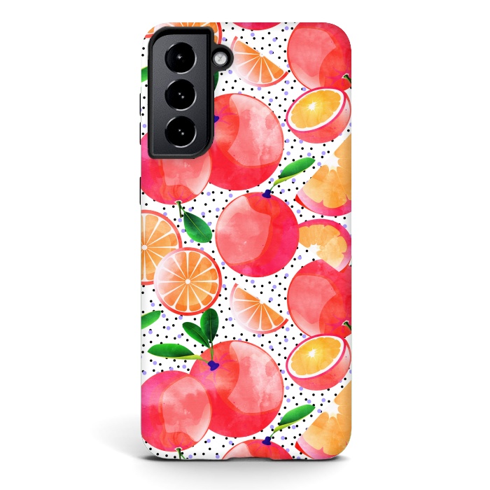 Galaxy S21 StrongFit Citrus Tropical | Juicy Fruits Polka Dots | Food Orange Grapefruit Pink Watercolor Botanica by Uma Prabhakar Gokhale