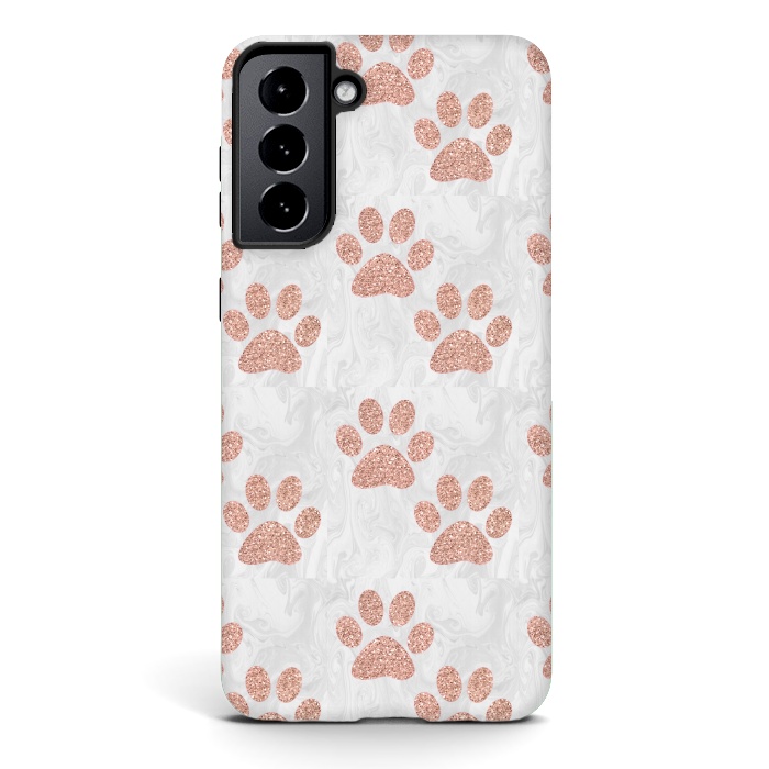 Galaxy S21 StrongFit Rose Gold Paw Prints on Marble by Julie Erin Designs