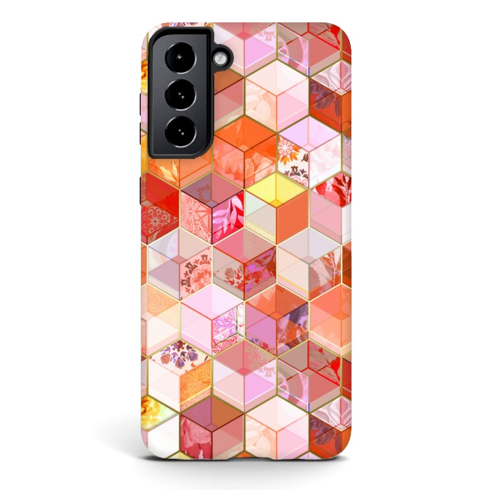 Galaxy S21 StrongFit Gold and Garnet Kaleidoscope Cubes by Micklyn Le Feuvre