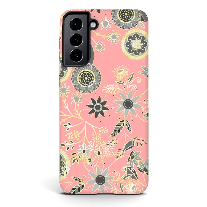 Galaxy S21 StrongFit Elegant Gray and Pink Folk Floral Golden Design by InovArts