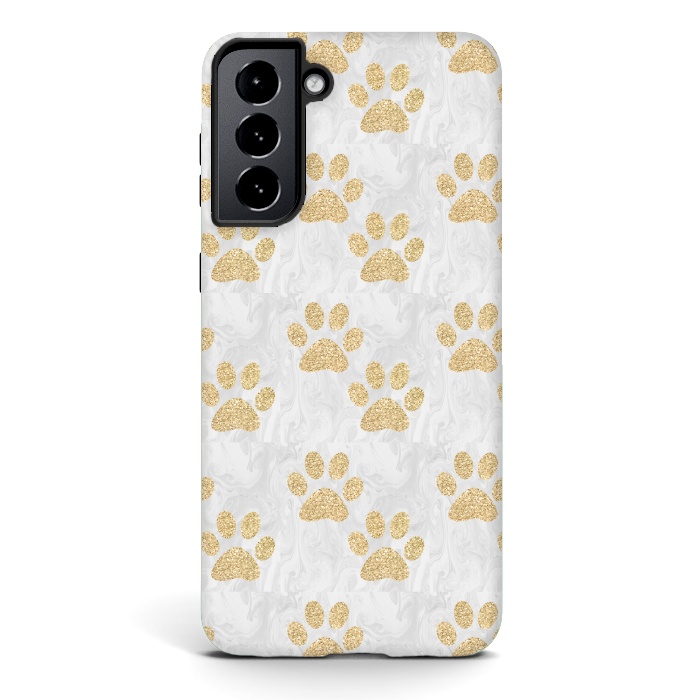 Galaxy S21 StrongFit Gold Paw Prints on Marble by Julie Erin Designs