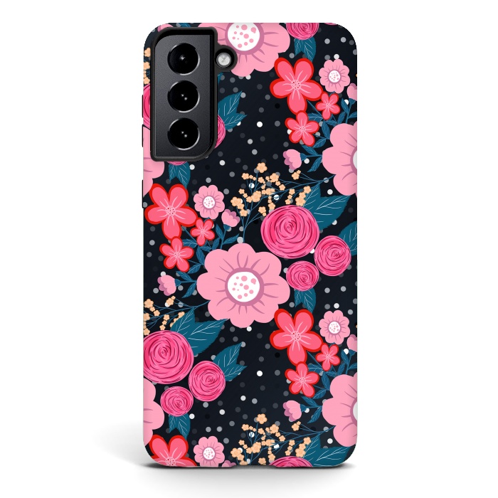 Galaxy S21 StrongFit Pretty girly pink Floral Silver Dots Gray design by InovArts