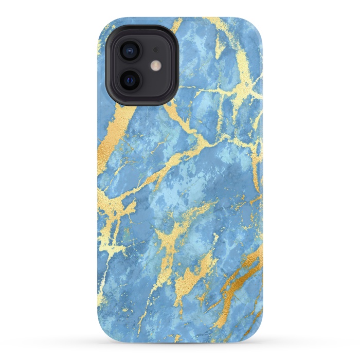 iPhone 12 StrongFit sky blue gold marble by haroulita