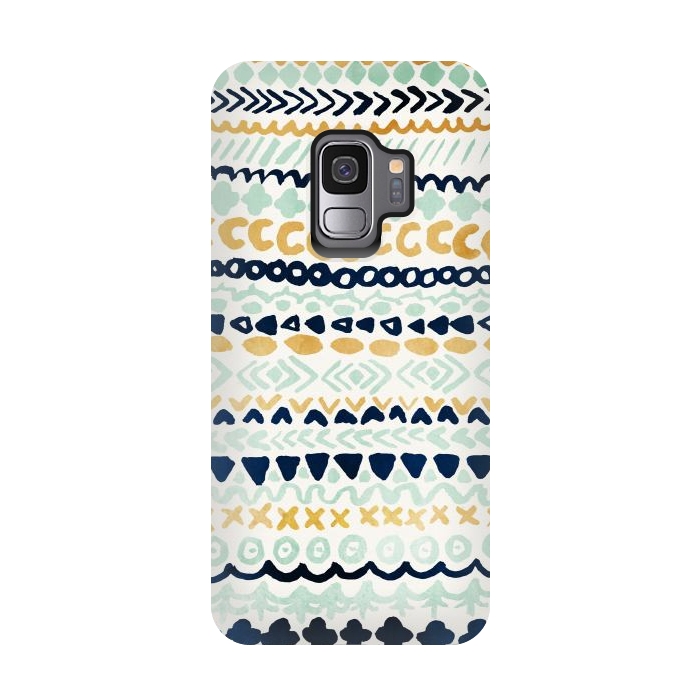 Galaxy S9 StrongFit Navy, Teal & Mustard Tribal by Tangerine-Tane