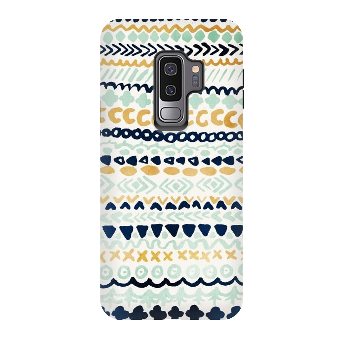 Galaxy S9 plus StrongFit Navy, Teal & Mustard Tribal by Tangerine-Tane