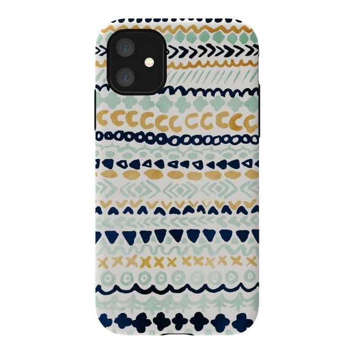 iPhone 11 StrongFit Navy, Teal & Mustard Tribal by Tangerine-Tane