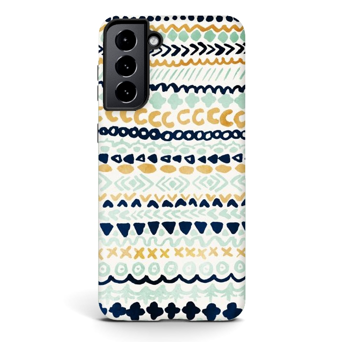 Galaxy S21 StrongFit Navy, Teal & Mustard Tribal by Tangerine-Tane