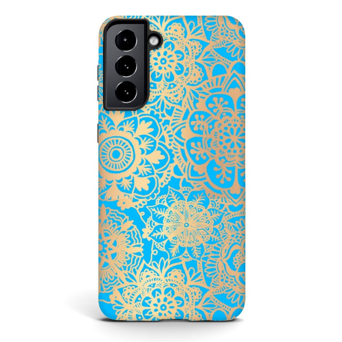 Galaxy S21 StrongFit Light Blue and Gold Mandala Pattern by Julie Erin Designs