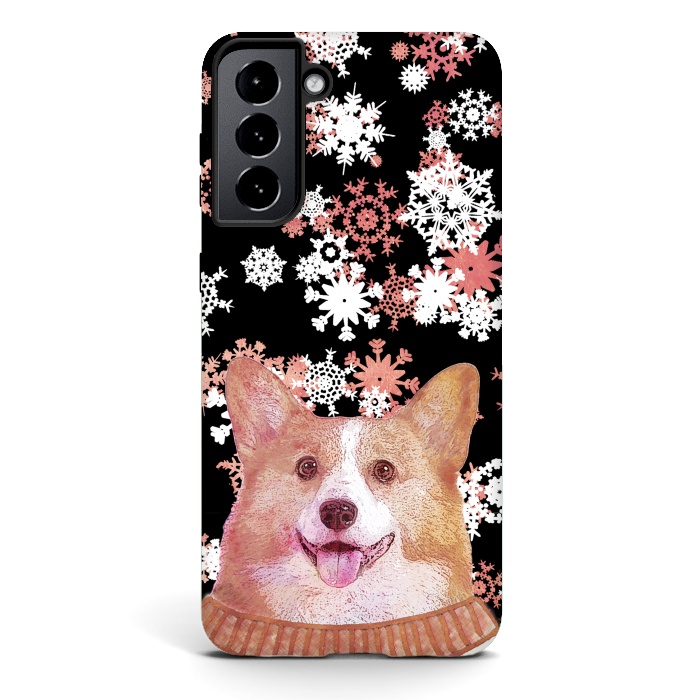 Galaxy S21 StrongFit Cute corgi and white rose gold snowflakes by Oana 