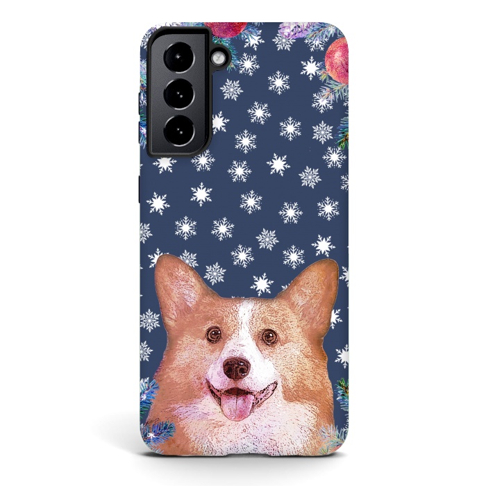 Galaxy S21 StrongFit Corgi, snowflakes and winter decorations by Oana 