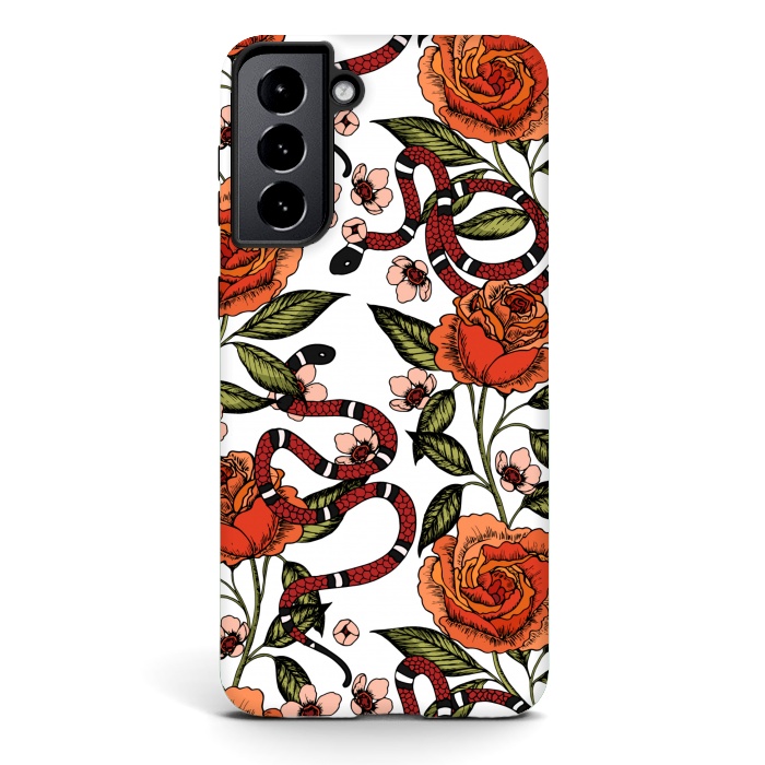 Galaxy S21 StrongFit Roses and snake. White pattern by Julia Badeeva