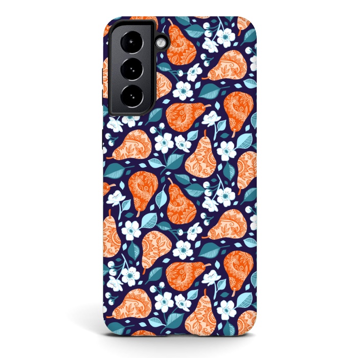 Galaxy S21 StrongFit Cheerful Pears in Orange on Navy Blue by Micklyn Le Feuvre