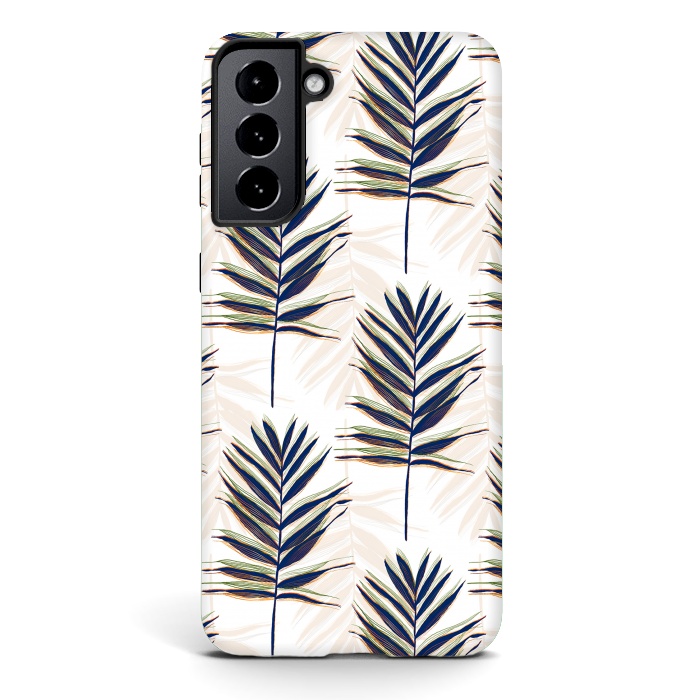 Galaxy S21 plus StrongFit Modern Blue Palm Leaves Gold Strokes White Design by InovArts