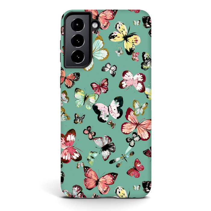 Galaxy S21 plus StrongFit Flying Butterflies Watercolor Teal by Ninola Design