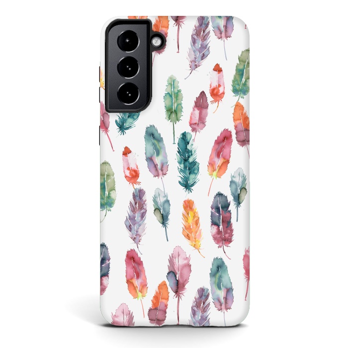 Galaxy S21 plus StrongFit Bohemian Feathers Watercolor Colorful by Ninola Design