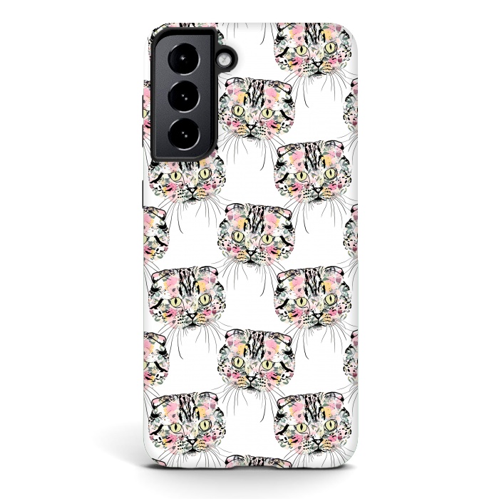 Galaxy S21 StrongFit Cute Pink Cat & watercolor flowers Animal Pattern by InovArts
