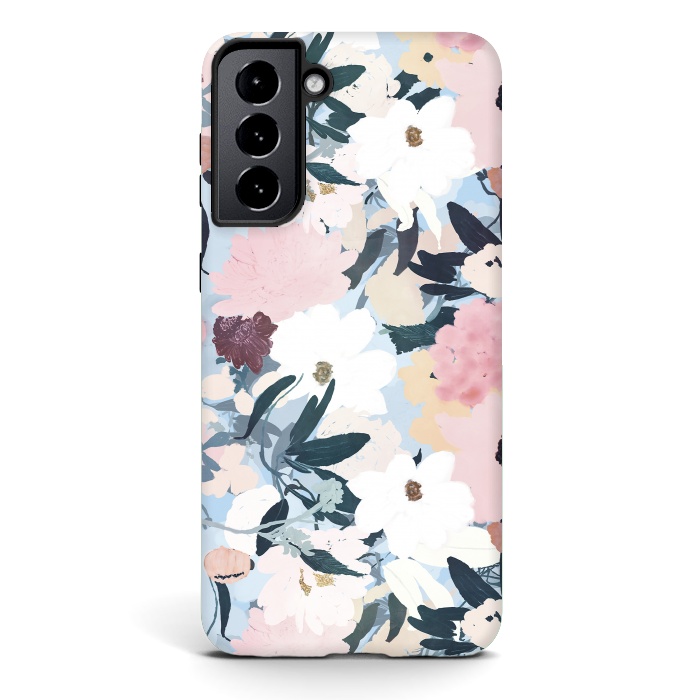 Galaxy S21 plus StrongFit Pretty Grayish Blue Watercolor Pink & White Floral Design by InovArts