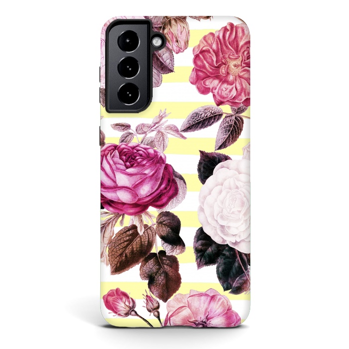 Galaxy S21 StrongFit Vintage romantic roses and bright yellow stripes by Oana 