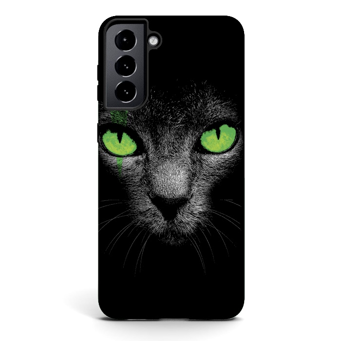 Galaxy S21 plus StrongFit Black Cat with Green Eyes by Sitchko