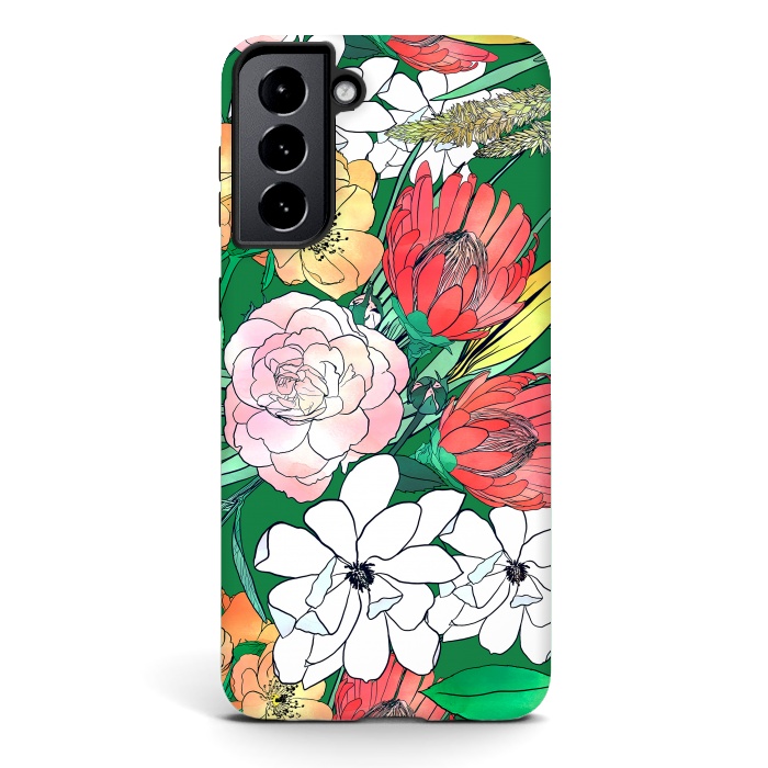 Galaxy S21 plus StrongFit Colorful Hand Drawn Flowers Green Girly Design by InovArts