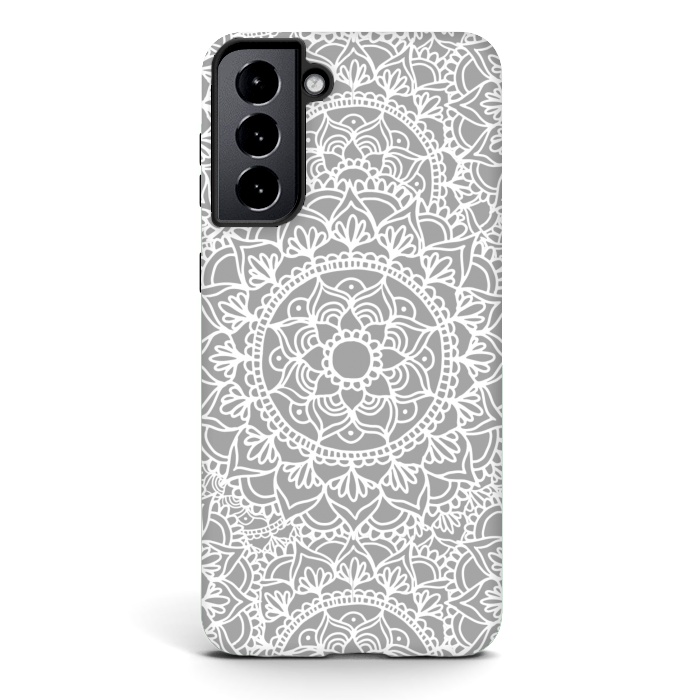 Galaxy S21 StrongFit White and Gray Mandala Pattern by Julie Erin Designs