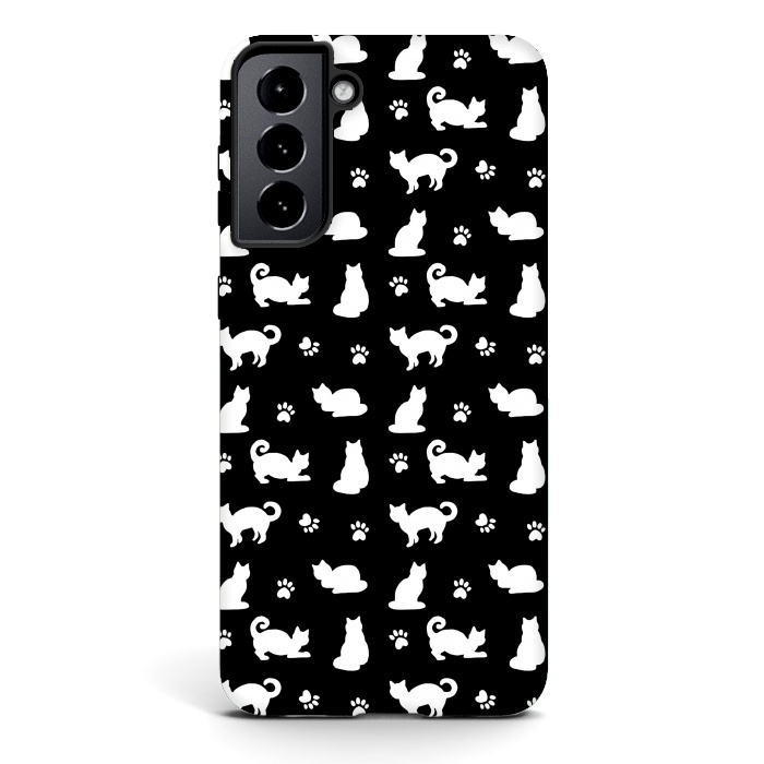 Galaxy S21 StrongFit Black and White Cats and Paw Prints Pattern by Julie Erin Designs