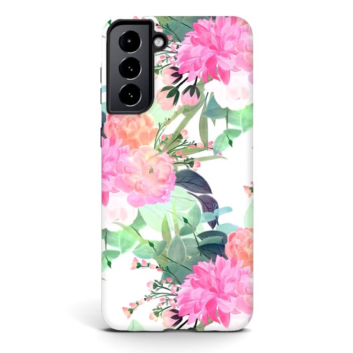 Galaxy S21 plus StrongFit Girly Pink & White Flowers Watercolor Paint by InovArts