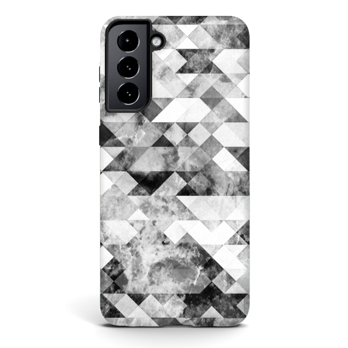 Galaxy S21 StrongFit Black and white textured marble triangles by Oana 
