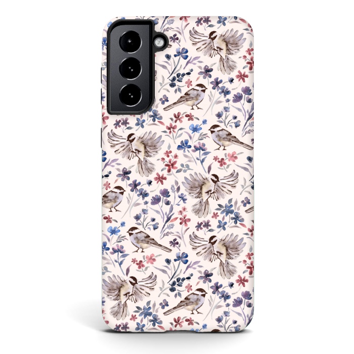 Galaxy S21 StrongFit Chickadees and Wildflowers on Cream by Micklyn Le Feuvre