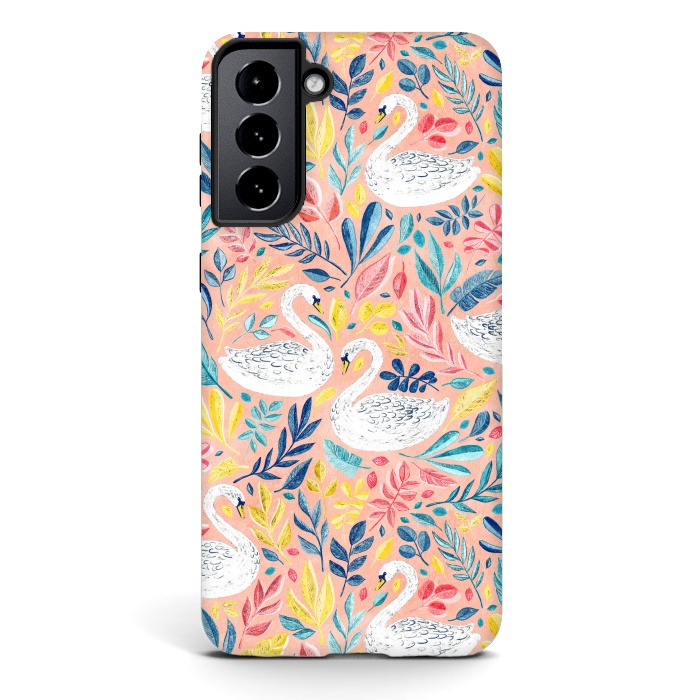Galaxy S21 plus StrongFit Whimsical White Swans and Colorful Leaves on Pale Peach Pink by Micklyn Le Feuvre