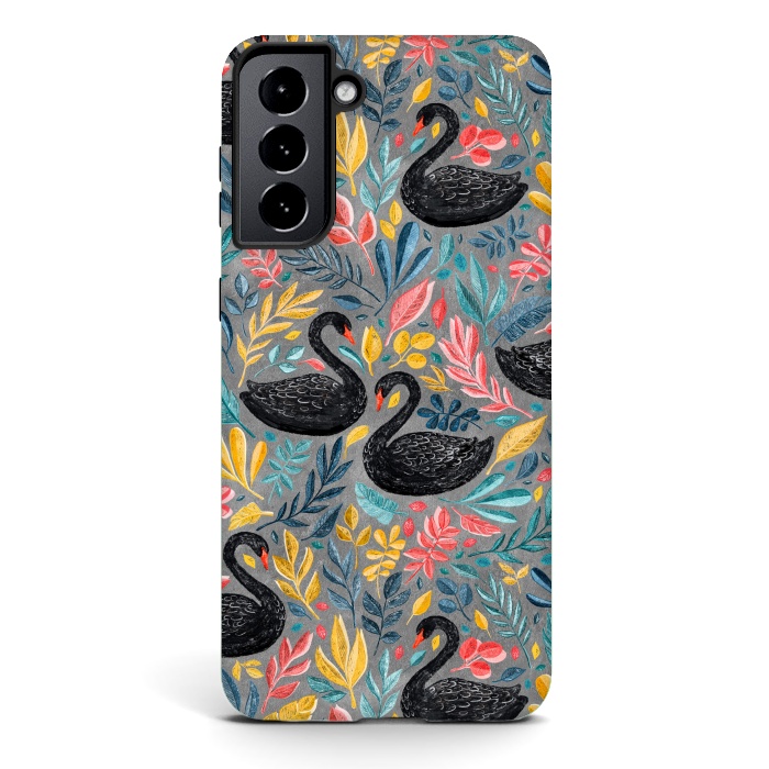 Galaxy S21 StrongFit Bonny Black Swans with Lots of Leaves on Grey by Micklyn Le Feuvre