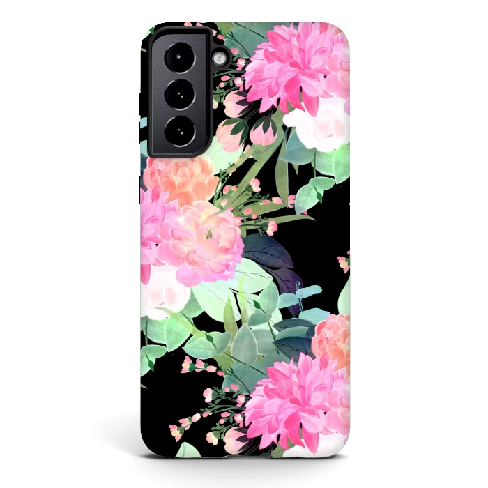 Galaxy S21 plus StrongFit Trendy Pink & Black Flowers Watercolor Design by InovArts
