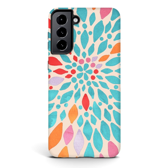 Galaxy S21 StrongFit Radiant Dahlia - teal, orange, coral, pink  by Tangerine-Tane